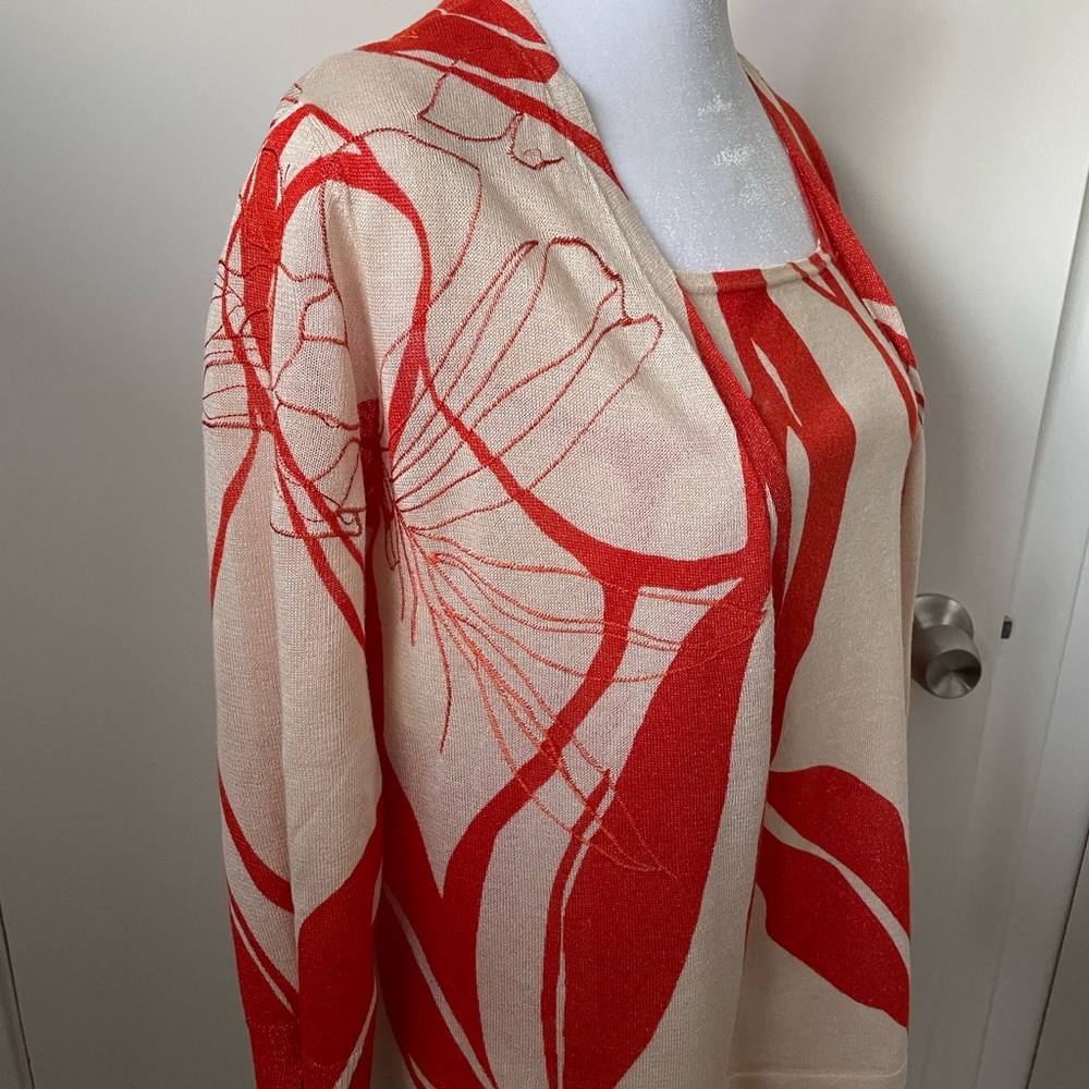 Chico's Red and Cream Floral Cardigan Set